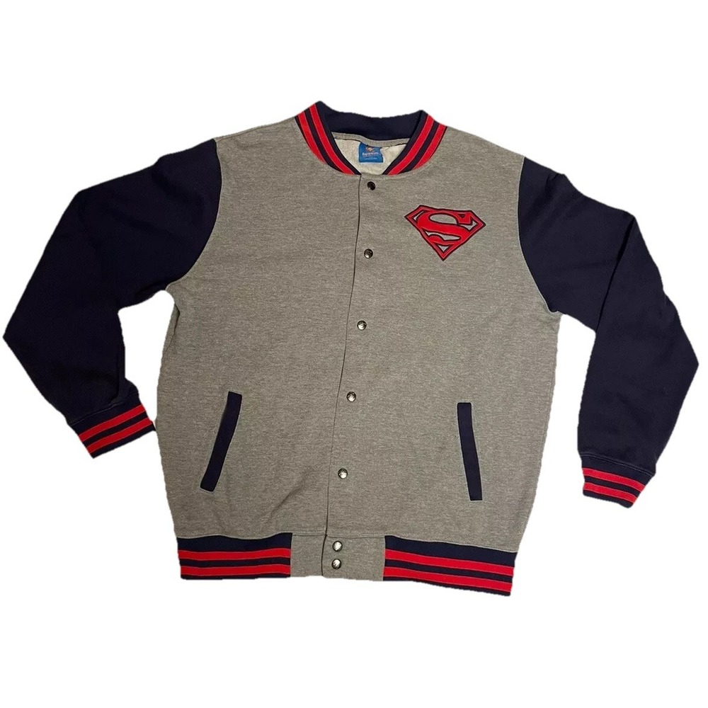 WOMENS SUPERMAN SNAP FRONT VARSITY JACKET SZ 14 GRAY/BLUE/RED ‎ LOGO CASUAL WORK